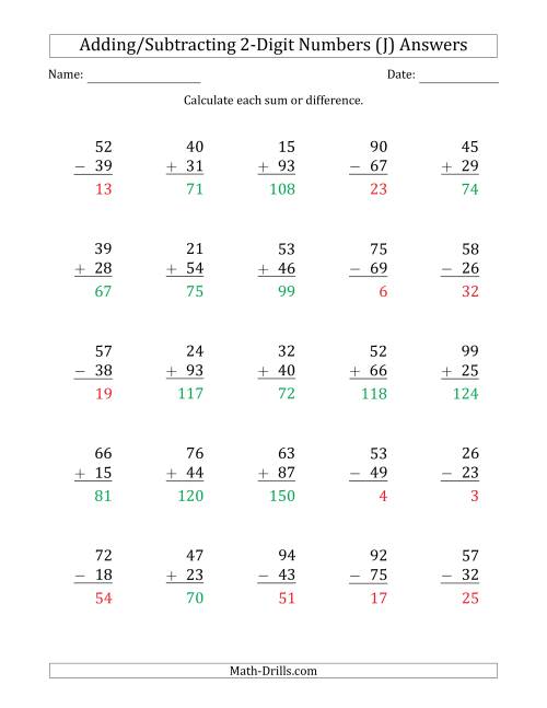 The 2-Digit Plus/Minus 2-Digit Addition and Subtraction with SOME Regrouping (J) Math Worksheet Page 2