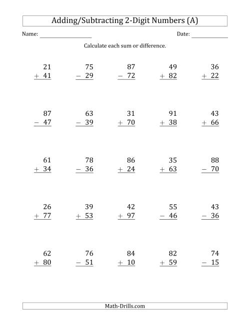 The 2-Digit Plus/Minus 2-Digit Addition and Subtraction with SOME Regrouping (All) Math Worksheet
