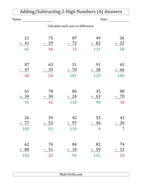 The 2-Digit Plus/Minus 2-Digit Addition and Subtraction with SOME Regrouping (All) Math Worksheet Page 2