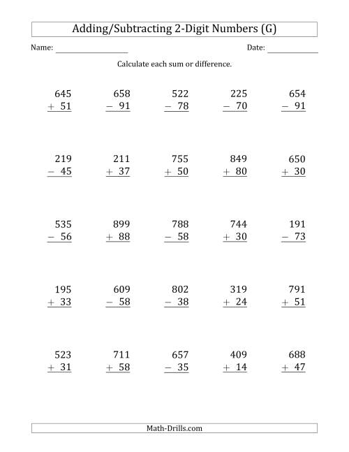 The 3-Digit Plus/Minus 2-Digit Addition and Subtraction with SOME Regrouping (G) Math Worksheet