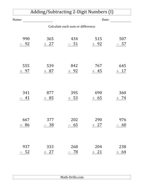 The 3-Digit Plus/Minus 2-Digit Addition and Subtraction with SOME Regrouping (I) Math Worksheet