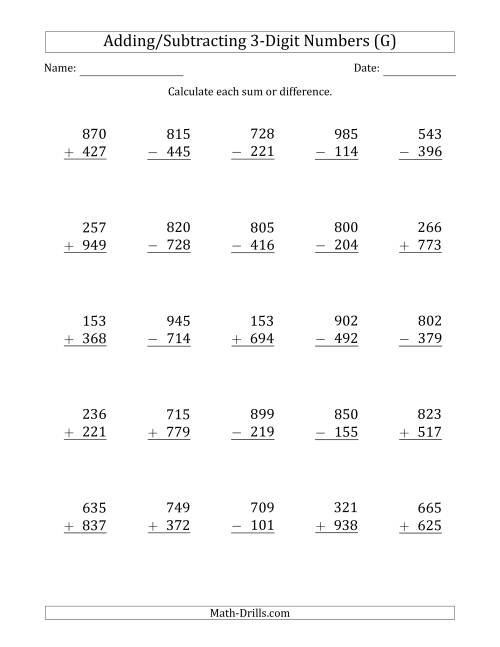 The 3-Digit Plus/Minus 3-Digit Addition and Subtraction with SOME Regrouping (G) Math Worksheet