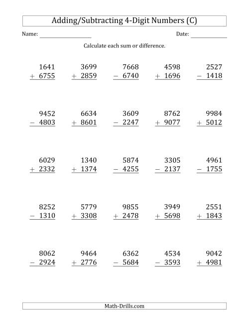 The 4-Digit Plus/Minus 4-Digit Addition and Subtraction with SOME Regrouping (C) Math Worksheet
