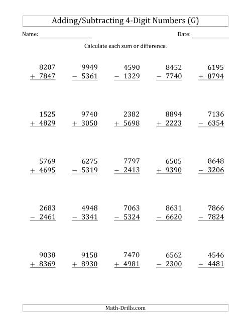 The 4-Digit Plus/Minus 4-Digit Addition and Subtraction with SOME Regrouping (G) Math Worksheet