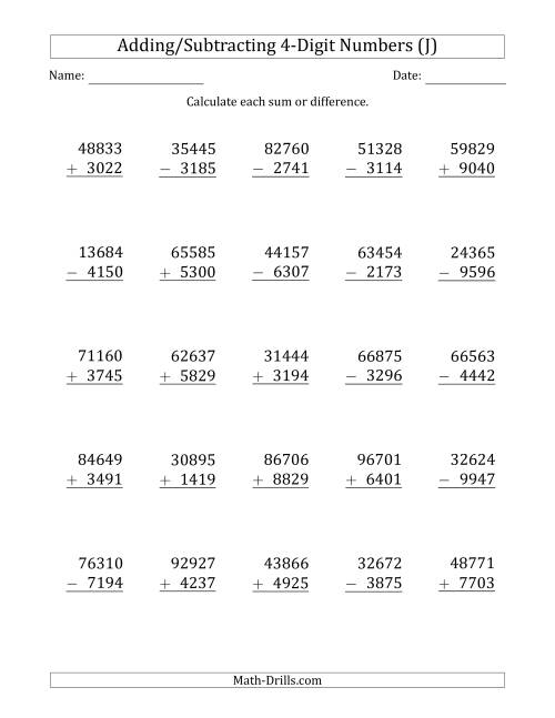 The 5-Digit Plus/Minus 4-Digit Addition and Subtraction with SOME Regrouping (J) Math Worksheet