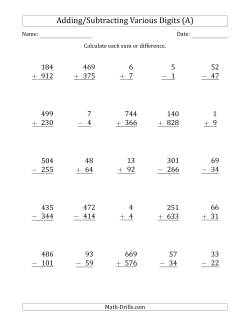 Various 1-Digit Plus/Minus 1-Digit to 3-Digit Plus/Minus 3-Digit Addition and Subtraction with SOME Regrouping