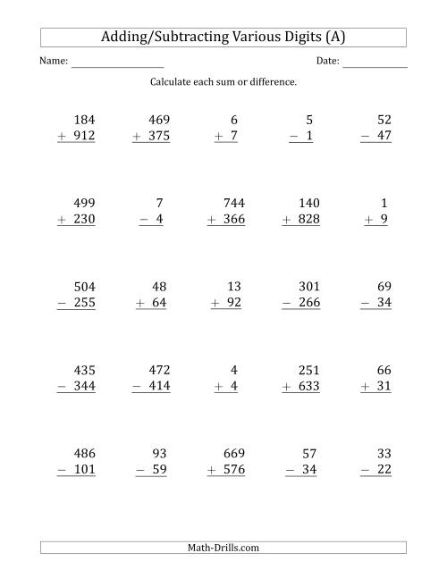 The Various 1-Digit Plus/Minus 1-Digit to 3-Digit Plus/Minus 3-Digit Addition and Subtraction with SOME Regrouping (A) Math Worksheet