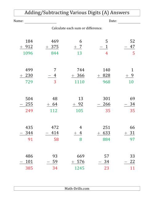 The Various 1-Digit Plus/Minus 1-Digit to 3-Digit Plus/Minus 3-Digit Addition and Subtraction with SOME Regrouping (A) Math Worksheet Page 2