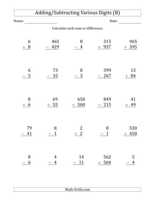 The Various 1-Digit Plus/Minus 1-Digit to 3-Digit Plus/Minus 3-Digit Addition and Subtraction with SOME Regrouping (B) Math Worksheet