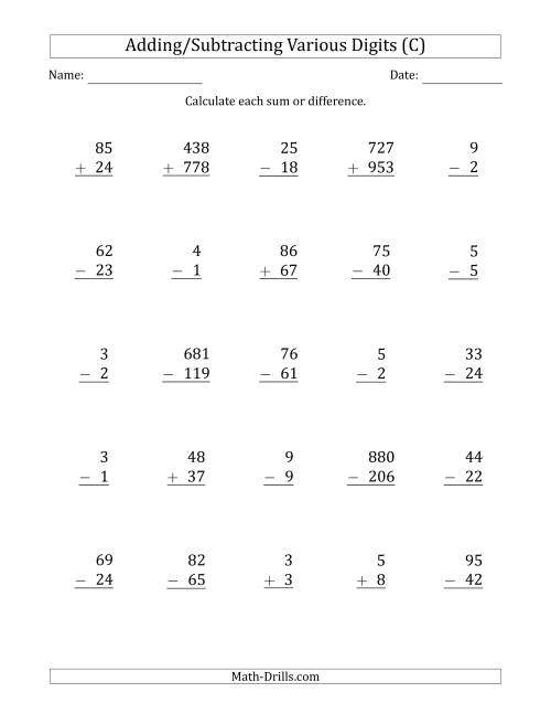 The Various 1-Digit Plus/Minus 1-Digit to 3-Digit Plus/Minus 3-Digit Addition and Subtraction with SOME Regrouping (C) Math Worksheet