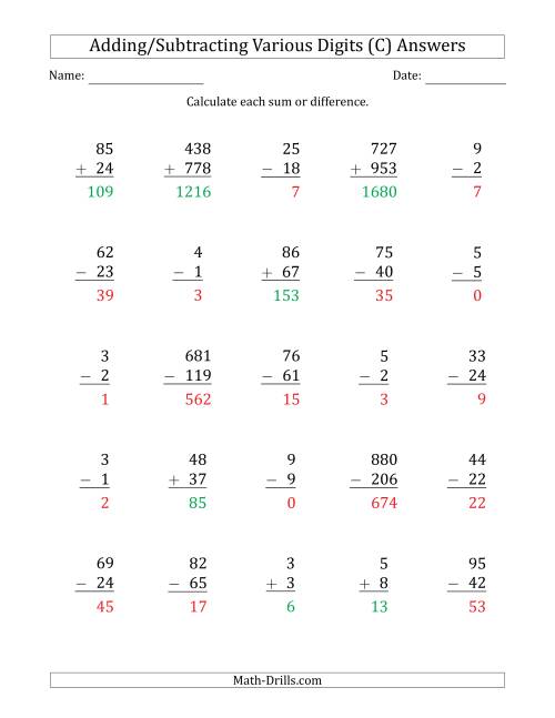 The Various 1-Digit Plus/Minus 1-Digit to 3-Digit Plus/Minus 3-Digit Addition and Subtraction with SOME Regrouping (C) Math Worksheet Page 2