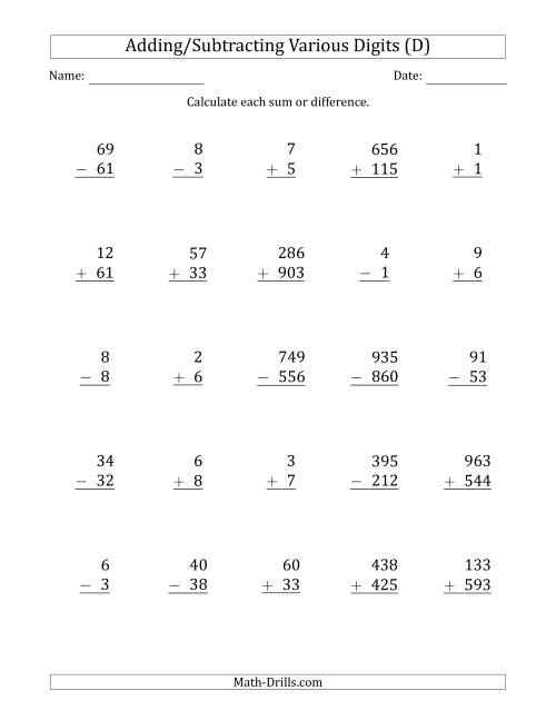 The Various 1-Digit Plus/Minus 1-Digit to 3-Digit Plus/Minus 3-Digit Addition and Subtraction with SOME Regrouping (D) Math Worksheet