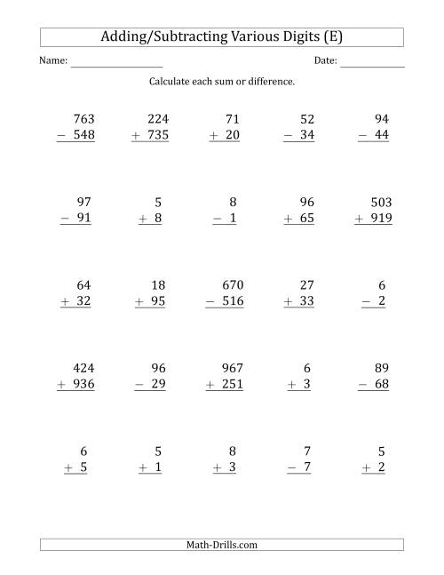 The Various 1-Digit Plus/Minus 1-Digit to 3-Digit Plus/Minus 3-Digit Addition and Subtraction with SOME Regrouping (E) Math Worksheet