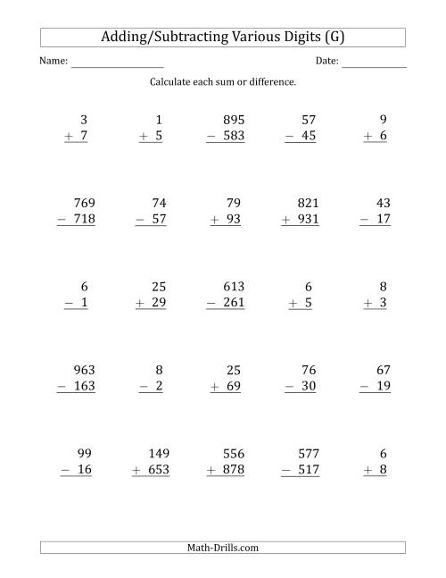 The Various 1-Digit Plus/Minus 1-Digit to 3-Digit Plus/Minus 3-Digit Addition and Subtraction with SOME Regrouping (G) Math Worksheet