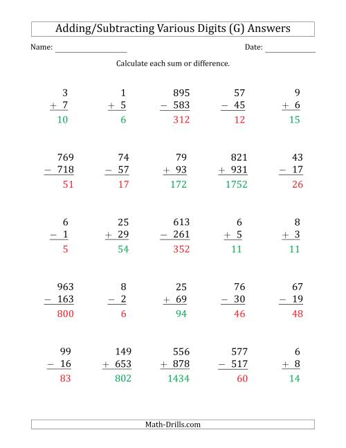 The Various 1-Digit Plus/Minus 1-Digit to 3-Digit Plus/Minus 3-Digit Addition and Subtraction with SOME Regrouping (G) Math Worksheet Page 2