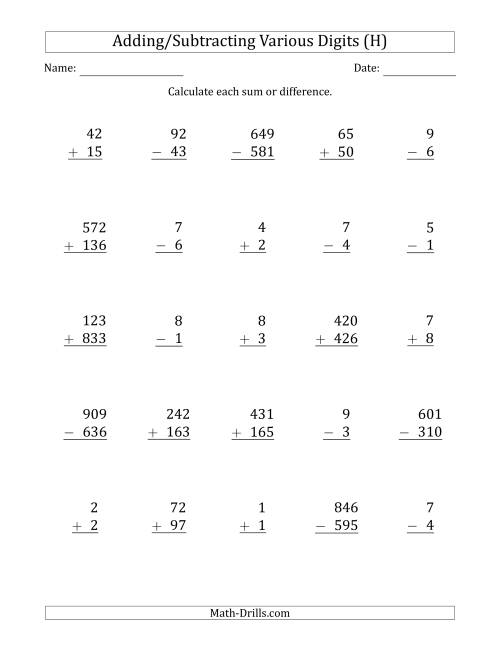 The Various 1-Digit Plus/Minus 1-Digit to 3-Digit Plus/Minus 3-Digit Addition and Subtraction with SOME Regrouping (H) Math Worksheet
