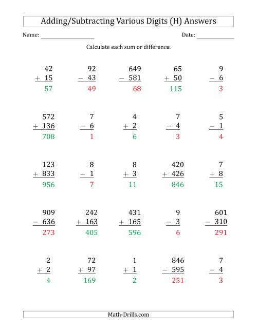 The Various 1-Digit Plus/Minus 1-Digit to 3-Digit Plus/Minus 3-Digit Addition and Subtraction with SOME Regrouping (H) Math Worksheet Page 2