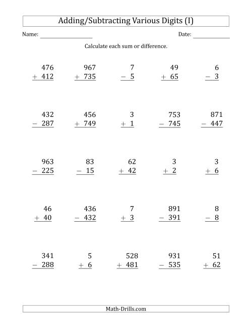 The Various 1-Digit Plus/Minus 1-Digit to 3-Digit Plus/Minus 3-Digit Addition and Subtraction with SOME Regrouping (I) Math Worksheet