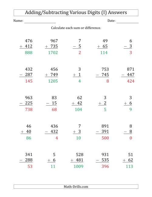 The Various 1-Digit Plus/Minus 1-Digit to 3-Digit Plus/Minus 3-Digit Addition and Subtraction with SOME Regrouping (I) Math Worksheet Page 2