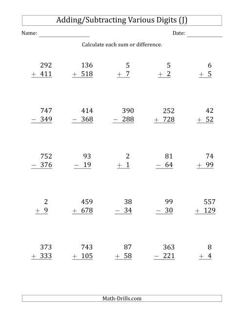 The Various 1-Digit Plus/Minus 1-Digit to 3-Digit Plus/Minus 3-Digit Addition and Subtraction with SOME Regrouping (J) Math Worksheet