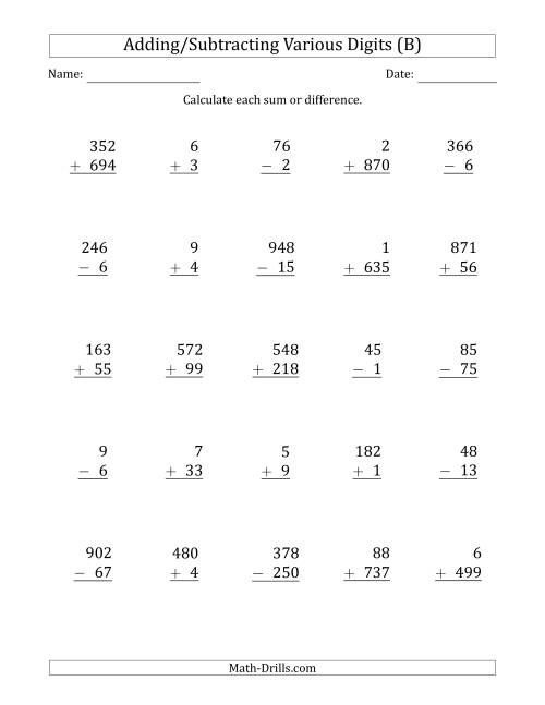 The Various 1-Digit to 3-Digit Addition and Subtraction with SOME Regrouping (B) Math Worksheet