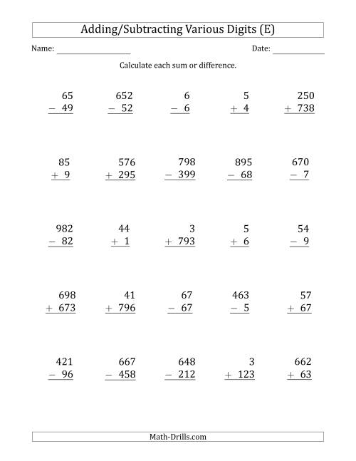 The Various 1-Digit to 3-Digit Addition and Subtraction with SOME Regrouping (E) Math Worksheet