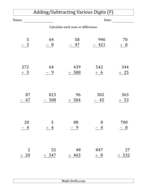 The Various 1-Digit to 3-Digit Addition and Subtraction with SOME Regrouping (F) Math Worksheet