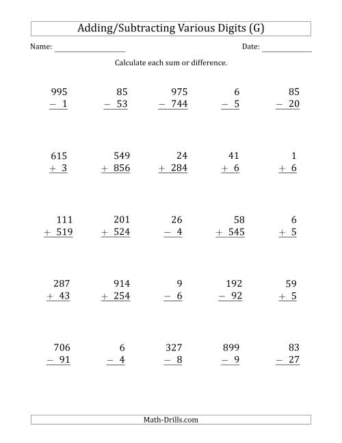 The Various 1-Digit to 3-Digit Addition and Subtraction with SOME Regrouping (G) Math Worksheet