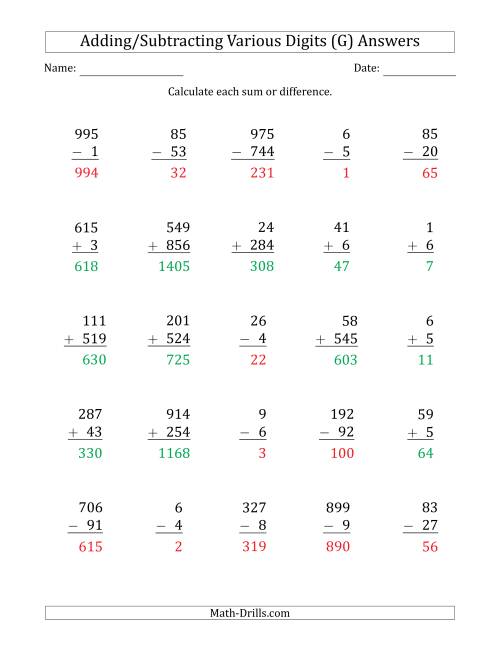 The Various 1-Digit to 3-Digit Addition and Subtraction with SOME Regrouping (G) Math Worksheet Page 2
