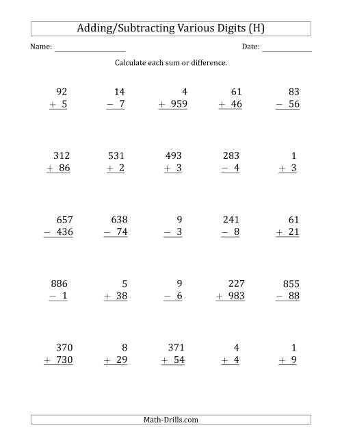 The Various 1-Digit to 3-Digit Addition and Subtraction with SOME Regrouping (H) Math Worksheet