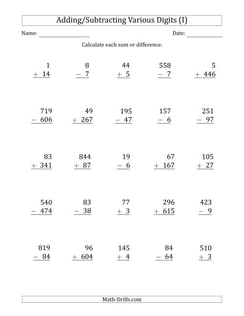 The Various 1-Digit to 3-Digit Addition and Subtraction with SOME Regrouping (I) Math Worksheet