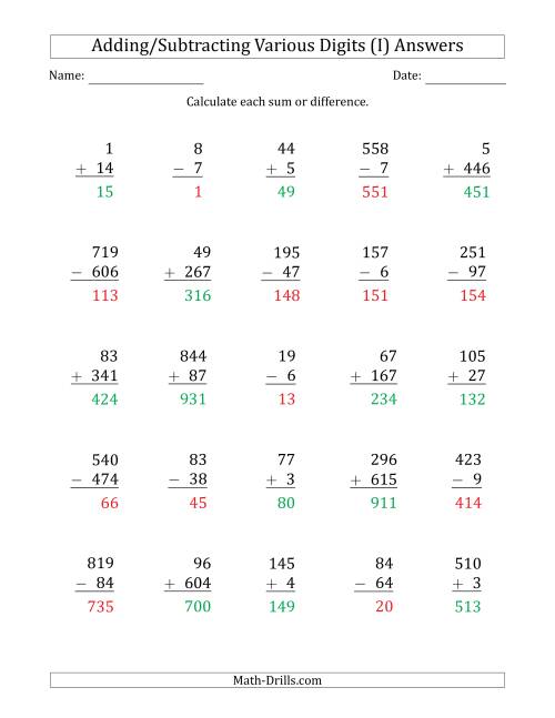 The Various 1-Digit to 3-Digit Addition and Subtraction with SOME Regrouping (I) Math Worksheet Page 2