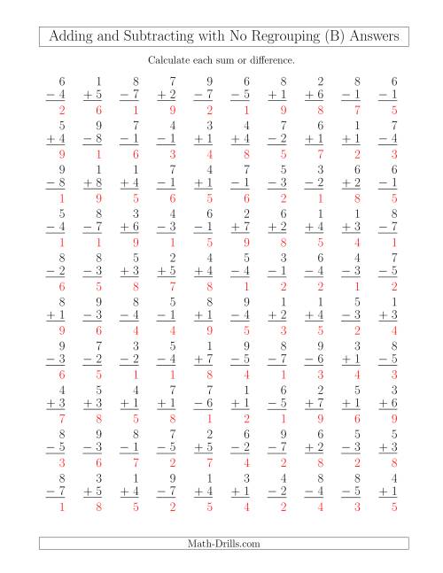 The Mixed Addition and Subtraction of Single-Digit Numbers with No Regrouping (B) Math Worksheet Page 2