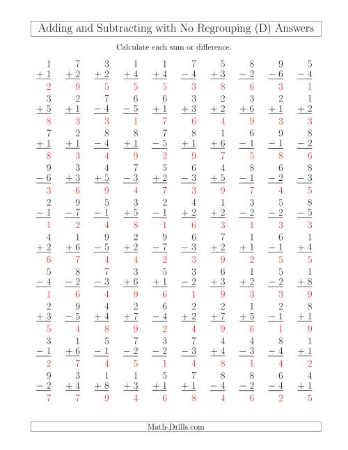 The Mixed Addition and Subtraction of Single-Digit Numbers with No Regrouping (D) Math Worksheet Page 2
