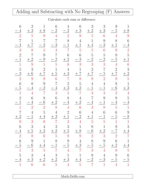 The Mixed Addition and Subtraction of Single-Digit Numbers with No Regrouping (F) Math Worksheet Page 2