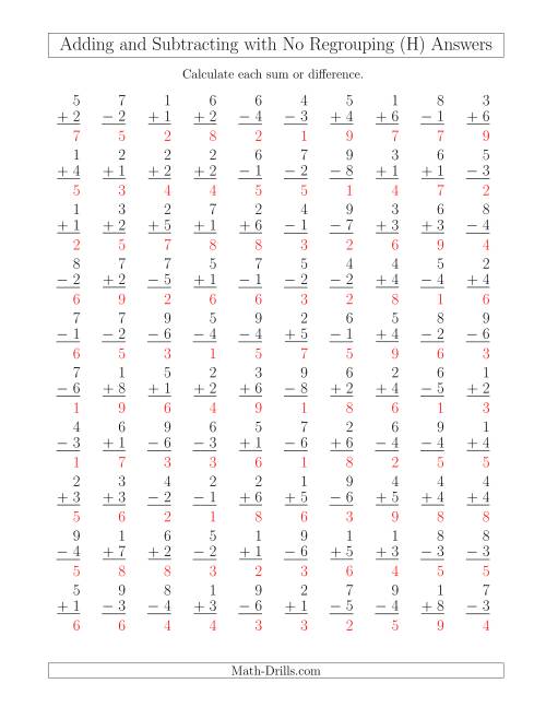 The Mixed Addition and Subtraction of Single-Digit Numbers with No Regrouping (H) Math Worksheet Page 2