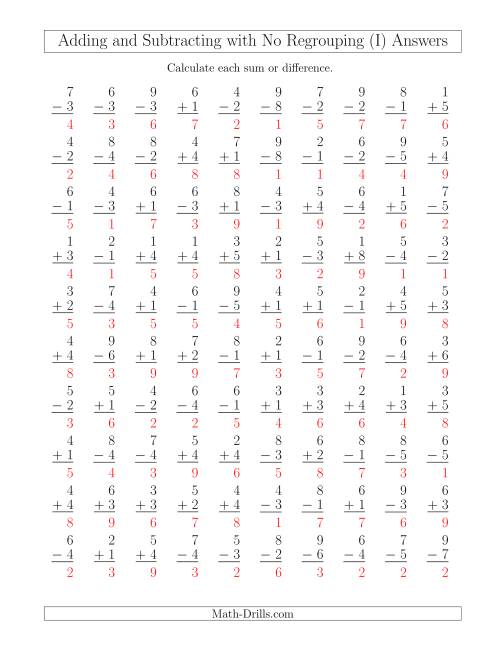 The Mixed Addition and Subtraction of Single-Digit Numbers with No Regrouping (I) Math Worksheet Page 2