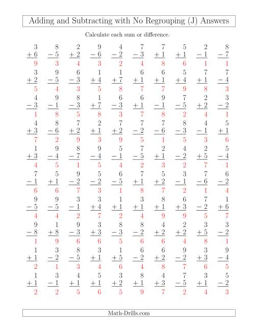 The Mixed Addition and Subtraction of Single-Digit Numbers with No Regrouping (J) Math Worksheet Page 2
