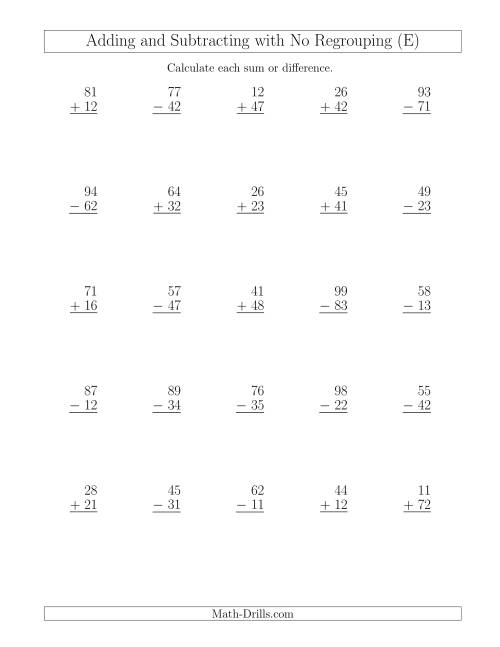 The Mixed Addition and Subtraction of Two-Digit Numbers with No Regrouping (E) Math Worksheet