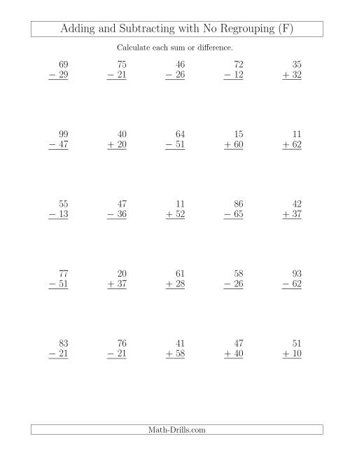 The Mixed Addition and Subtraction of Two-Digit Numbers with No Regrouping (F) Math Worksheet