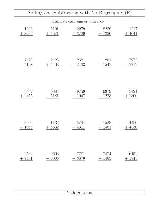 The Mixed Addition and Subtraction of Four-Digit Numbers with No Regrouping (F) Math Worksheet