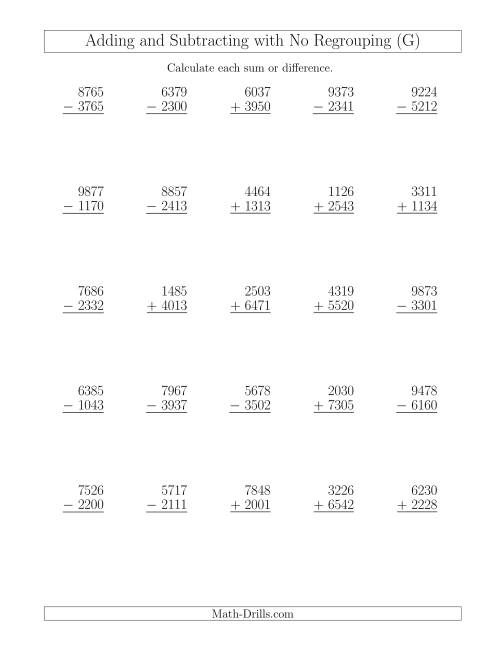 The Mixed Addition and Subtraction of Four-Digit Numbers with No Regrouping (G) Math Worksheet
