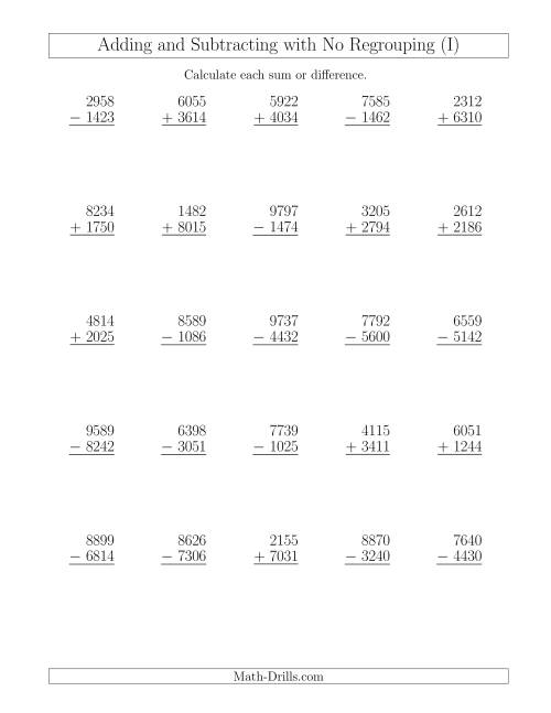 The Mixed Addition and Subtraction of Four-Digit Numbers with No Regrouping (I) Math Worksheet