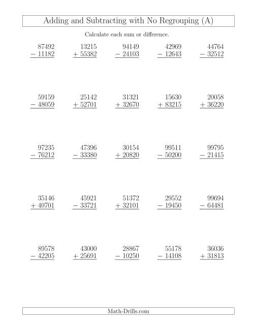 The Mixed Addition and Subtraction of Five-Digit Numbers with No Regrouping (A) Math Worksheet