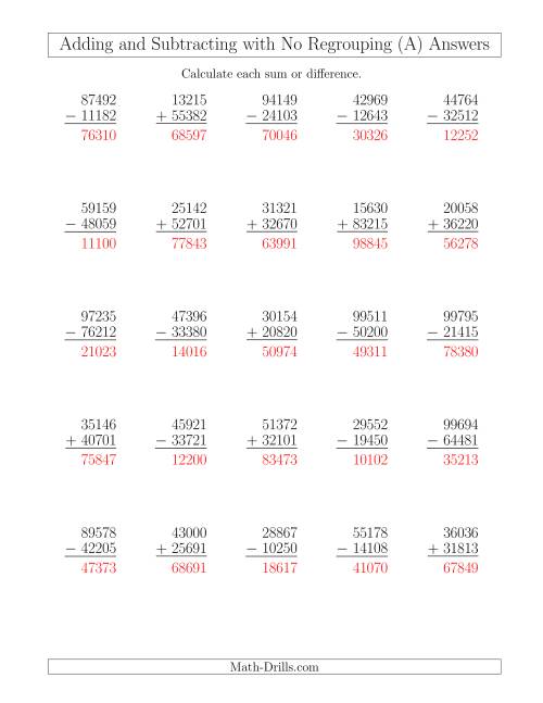 The Mixed Addition and Subtraction of Five-Digit Numbers with No Regrouping (A) Math Worksheet Page 2