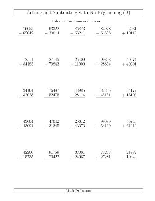 The Mixed Addition and Subtraction of Five-Digit Numbers with No Regrouping (B) Math Worksheet
