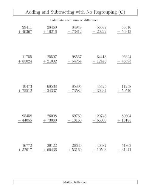 The Mixed Addition and Subtraction of Five-Digit Numbers with No Regrouping (C) Math Worksheet