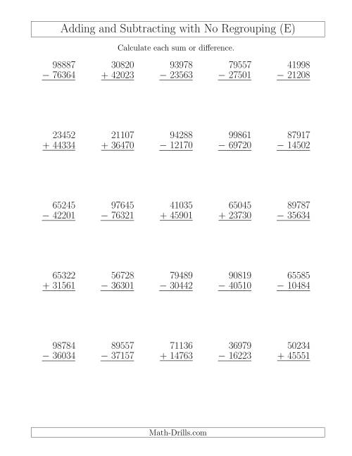 The Mixed Addition and Subtraction of Five-Digit Numbers with No Regrouping (E) Math Worksheet