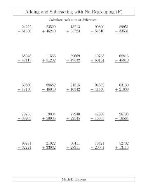 The Mixed Addition and Subtraction of Five-Digit Numbers with No Regrouping (F) Math Worksheet