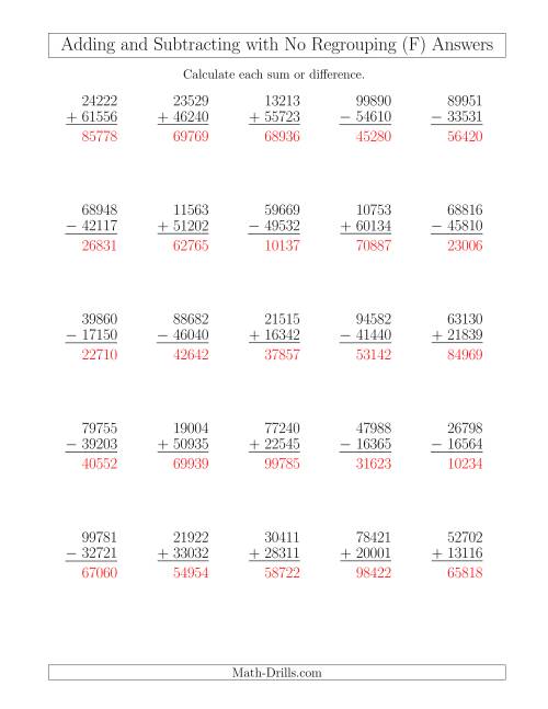 The Mixed Addition and Subtraction of Five-Digit Numbers with No Regrouping (F) Math Worksheet Page 2